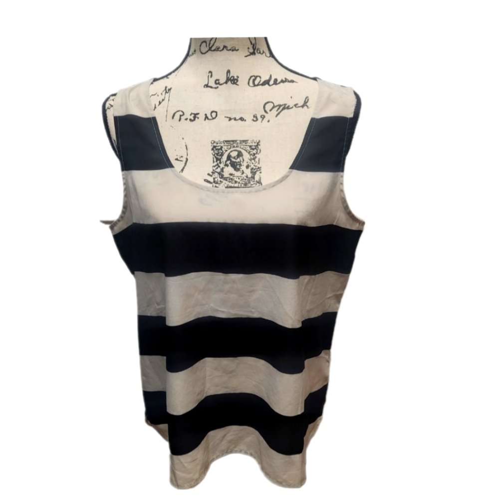 NWOT ANN TAYLOR LOFT BLOUSE FLOUNCEY TANK STYLE BLACK CREAM STRIPES SZ L